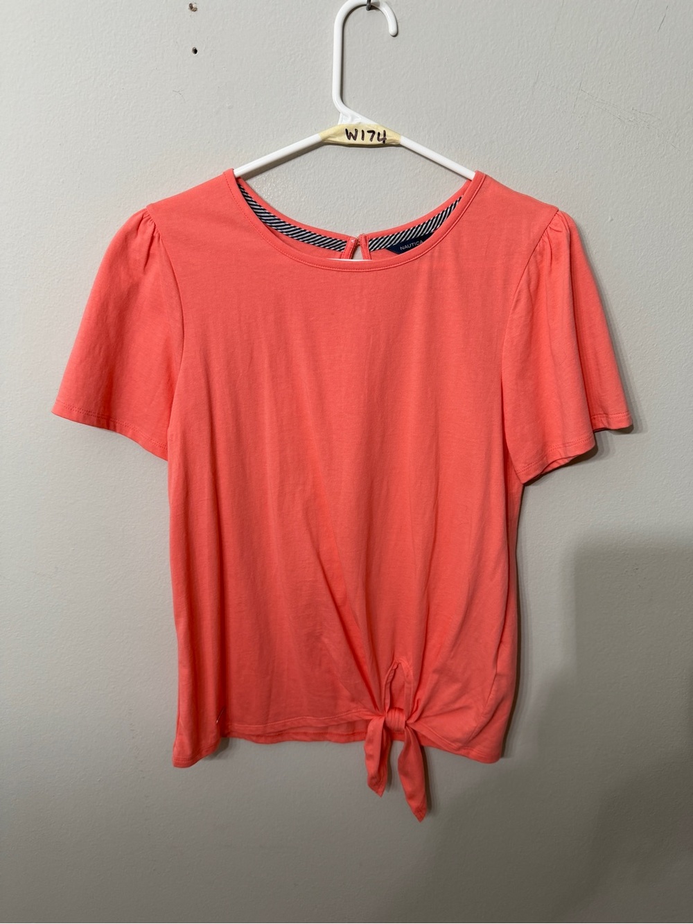 Women's Nautical Size Small Coral Tie-Front Short Sleeve Top